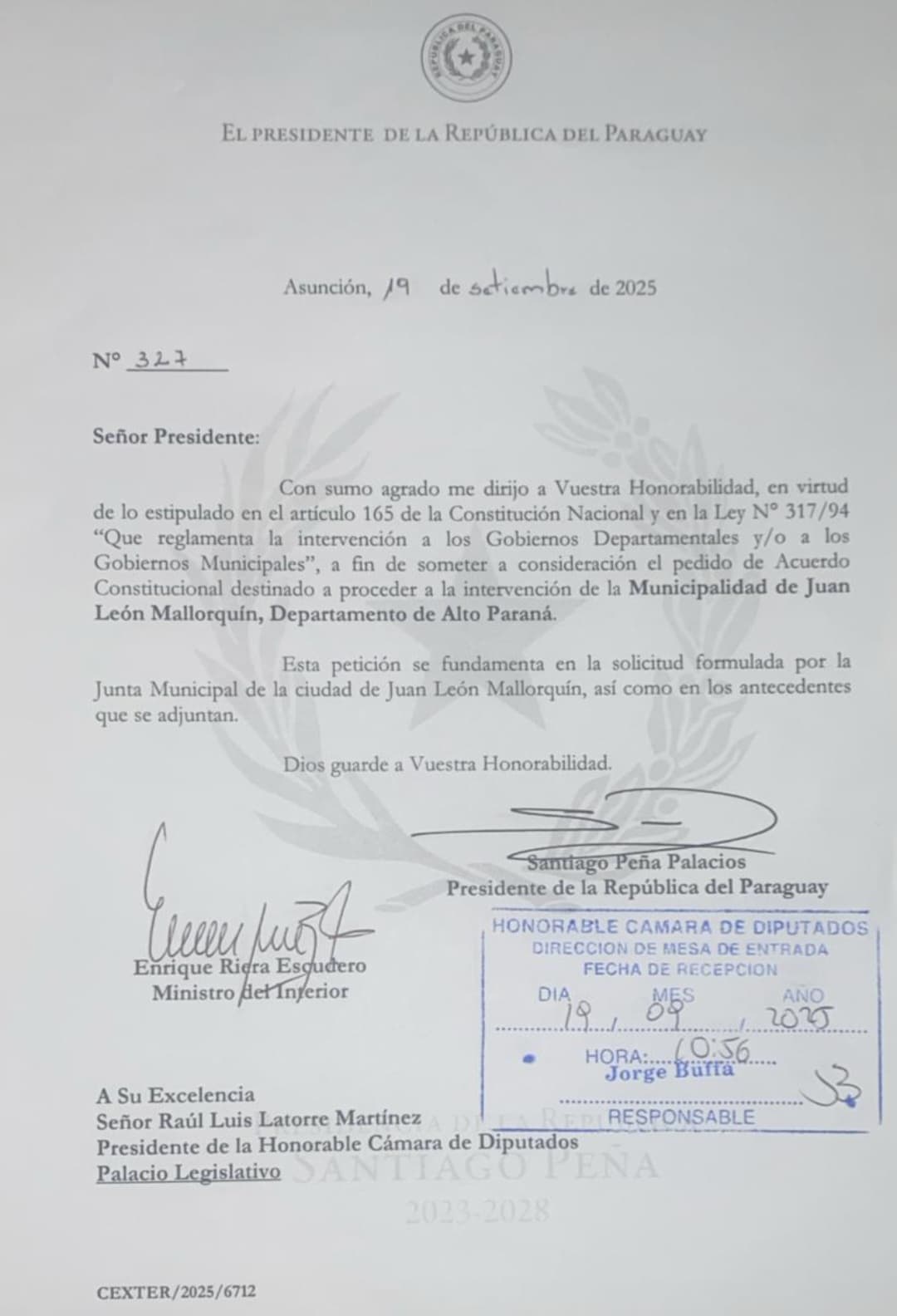 Poder Ejecutivo remite a Diputados pedido de intervención de municipalidad de Juan León Mallorquín